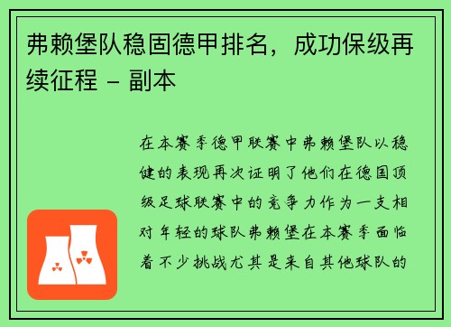 弗赖堡队稳固德甲排名，成功保级再续征程 - 副本
